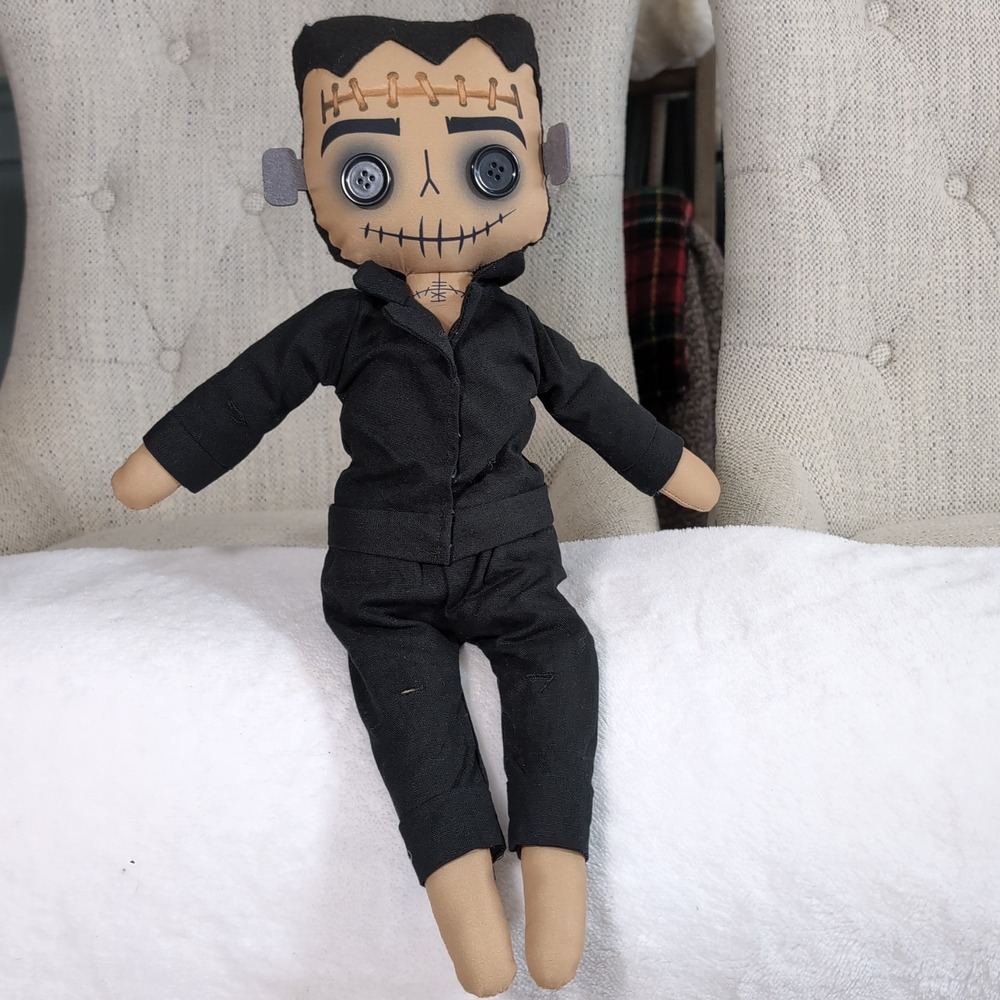 Frankenstein Shelf Sitter Plush Doll 13" Handmade Button Eye Monster Halloween